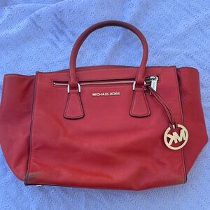 Michael Kors Red Leather Satchel with Gold Logo Charm